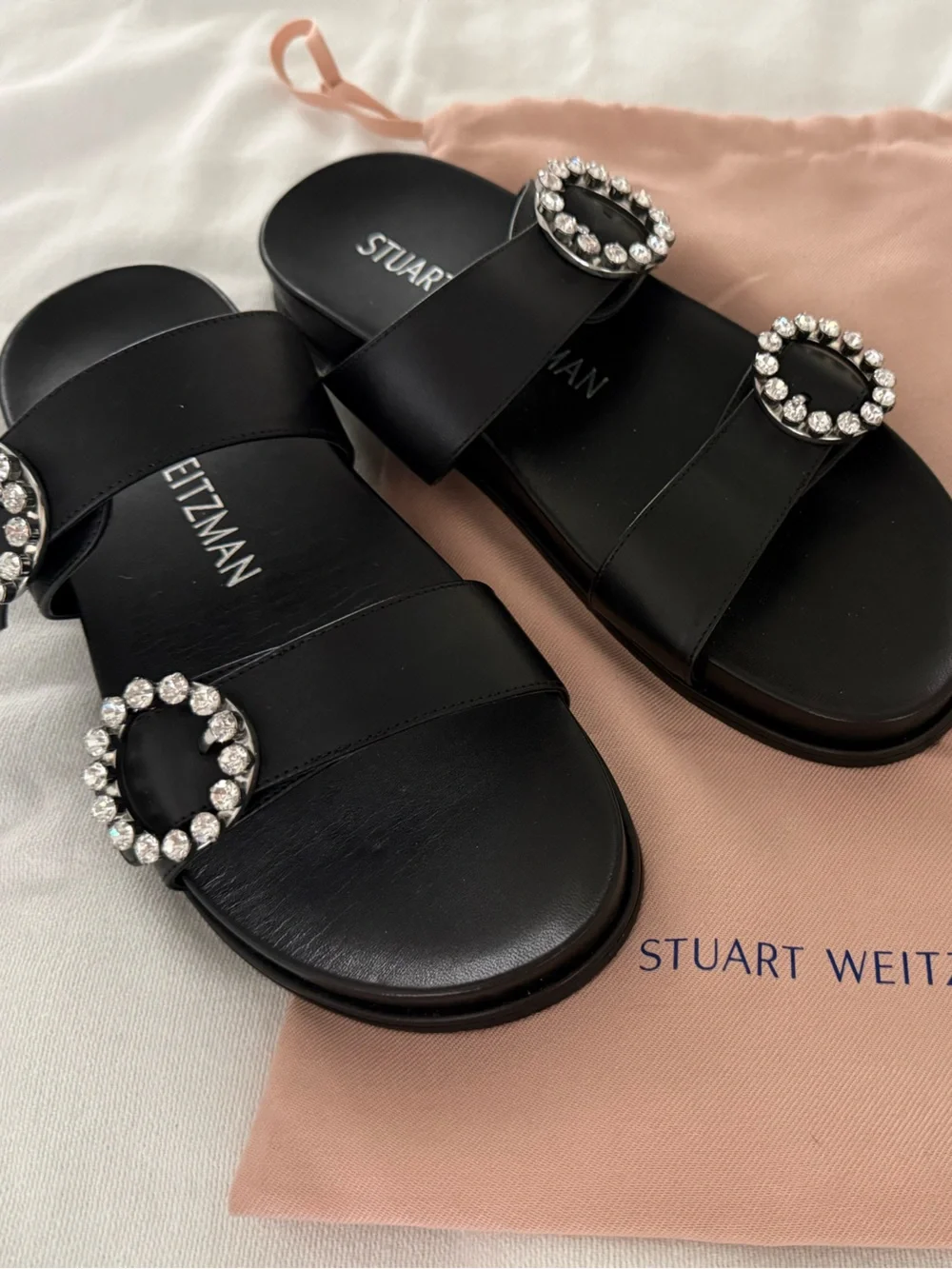 Stuart Weitzman Black Leather Slide Sandals with Crystal Buckles